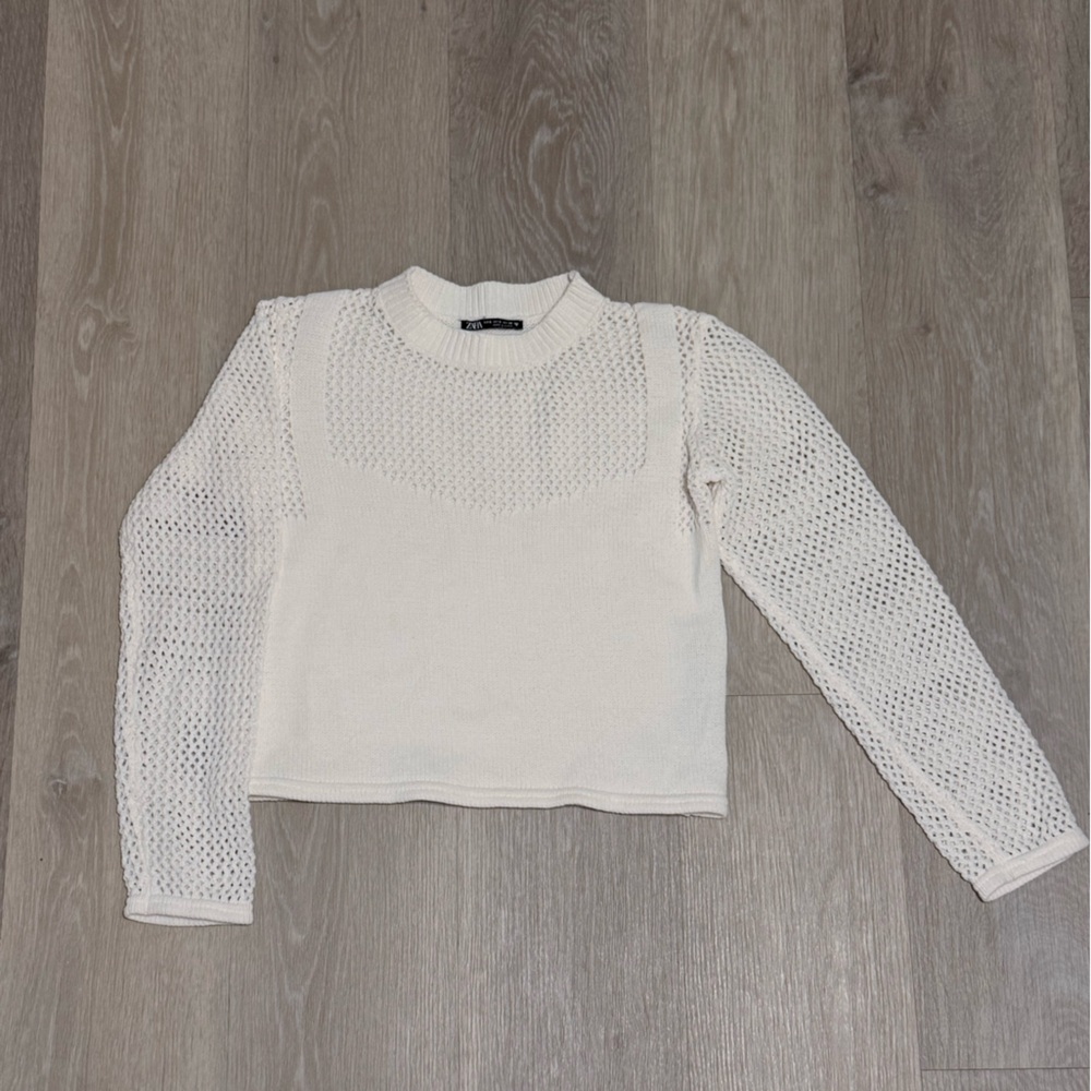 ZARA Cream Open-Knit Sweater | Mesh Sleeve Knit Pullover | Size S